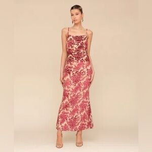 Avec Les Filles Women's Shirred Burnout Floral Slip Red/Beige Dress